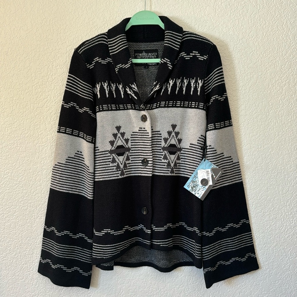 Women’s Powder River Outfitters Button Up Sweater with Bronc Rider Design
